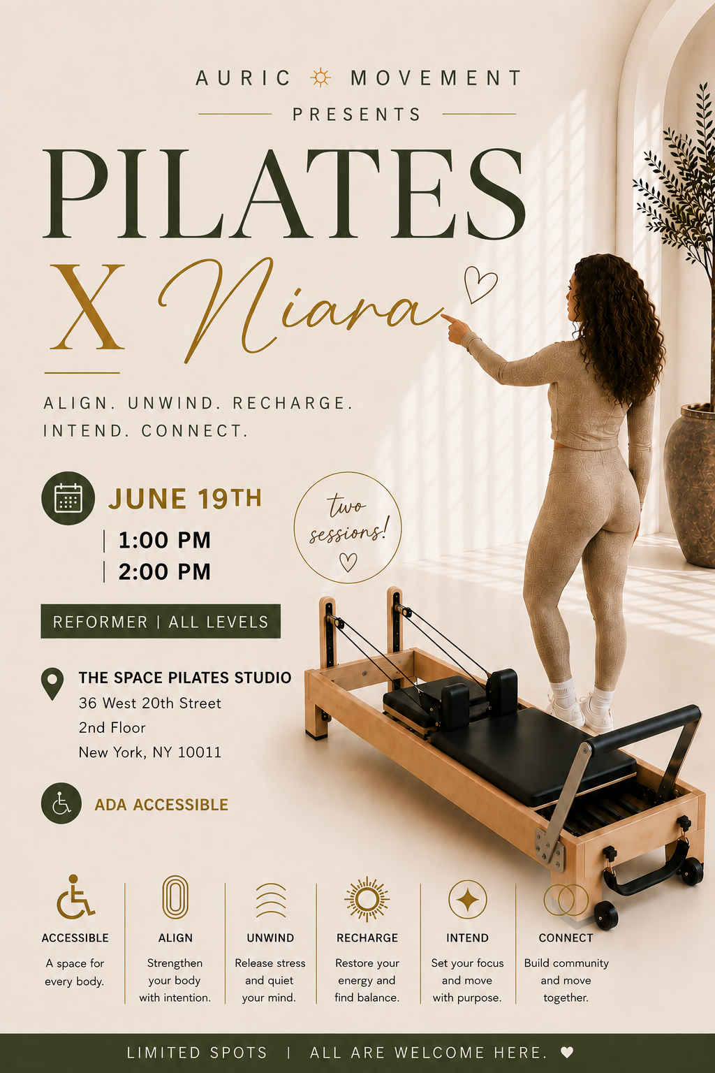 Pilates x Niara — June 19th. Two sessions: 1pm and 2pm. The Space Pilates Studio, 201 West 20th Street 8th Floor, New York NY. Reformer, All Levels, ADA Accessible.
