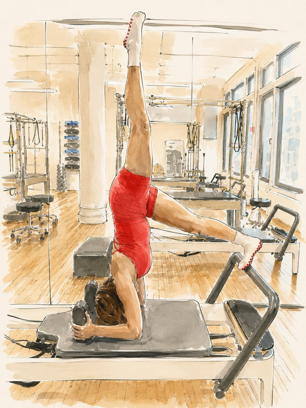 Watercolor illustration of a headstand on a Pilates reformer