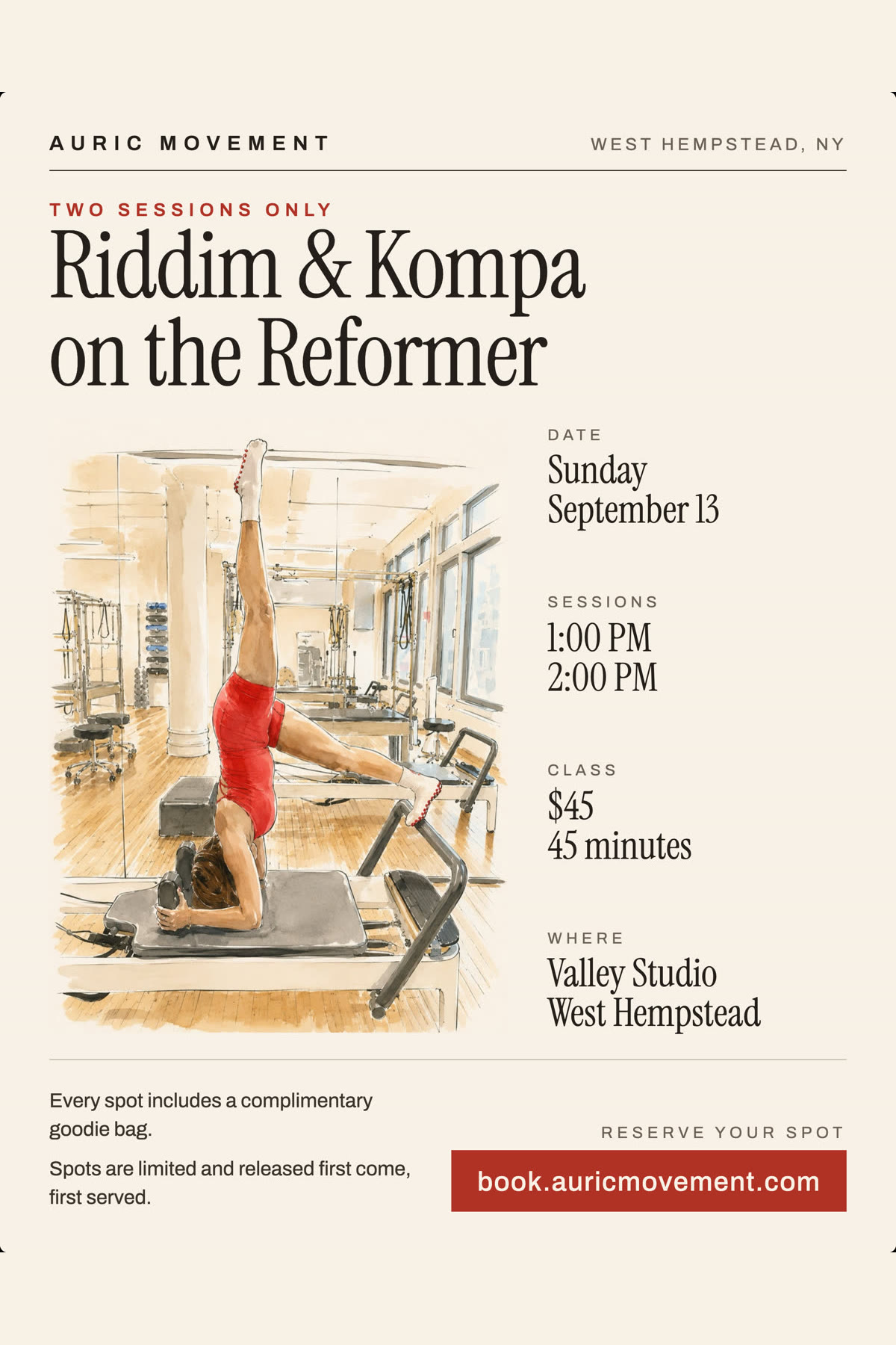 Riddim & Kompa on the Reformer — Sunday, September 13th at Valley Studio, West Hempstead, NY · $45, complimentary goodie bag