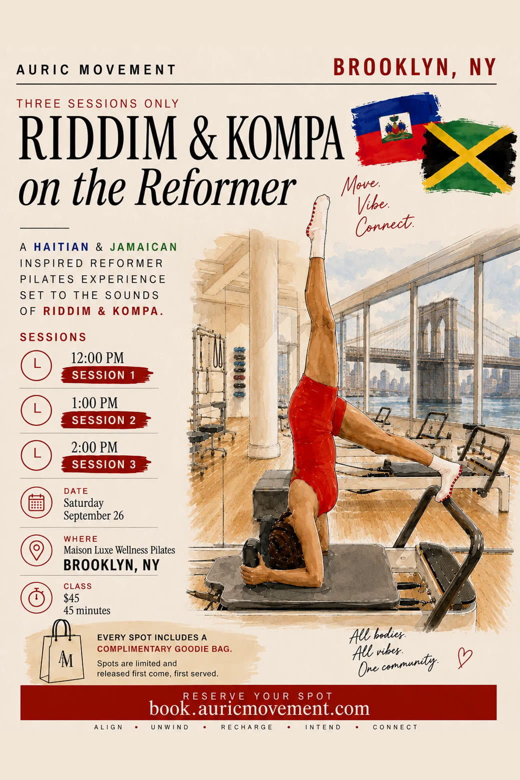 Riddim & Kompa on the Reformer — Brooklyn. Saturday, September 26 at Maison Luxe Wellness Pilates, Brooklyn NY · three sessions (12, 1 & 2 PM) · $45, complimentary goodie bag