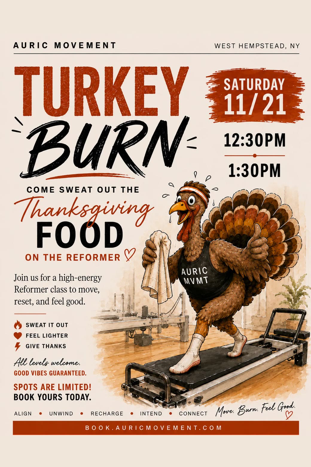 Turkey Burn! on the Reformer — Saturday, November 21 at Valley Studio, West Hempstead NY · two sessions (12:30 & 1:30 PM) · $45
